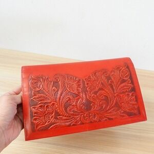 VINTAGE Western Bifold Wallet Womens Red Long KIss Lock Purse Acanthus‎ Baroque